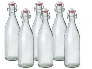 Facetted Clear Glass Bottle with Stainless Steel Shackled Ceramic Closure .500 ml.Set of 6 nos